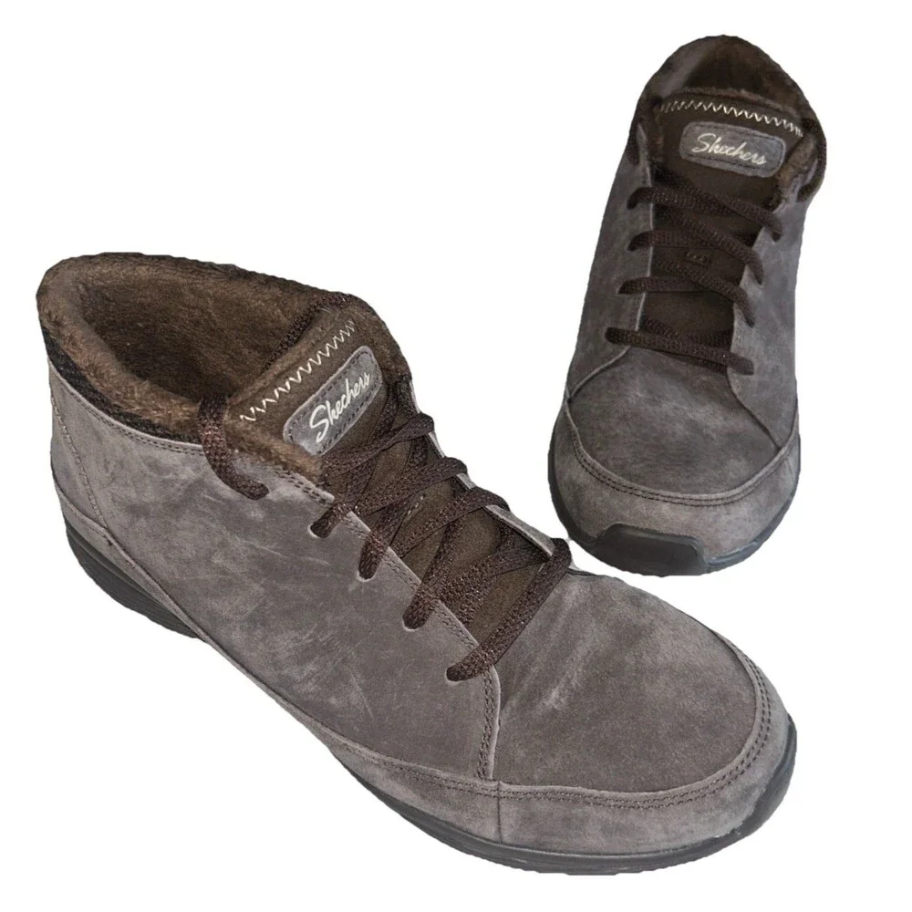 Skechers Seager Hi Women 9 Brown Leather Faux Fur Fleece Ankle Lace Up Boot